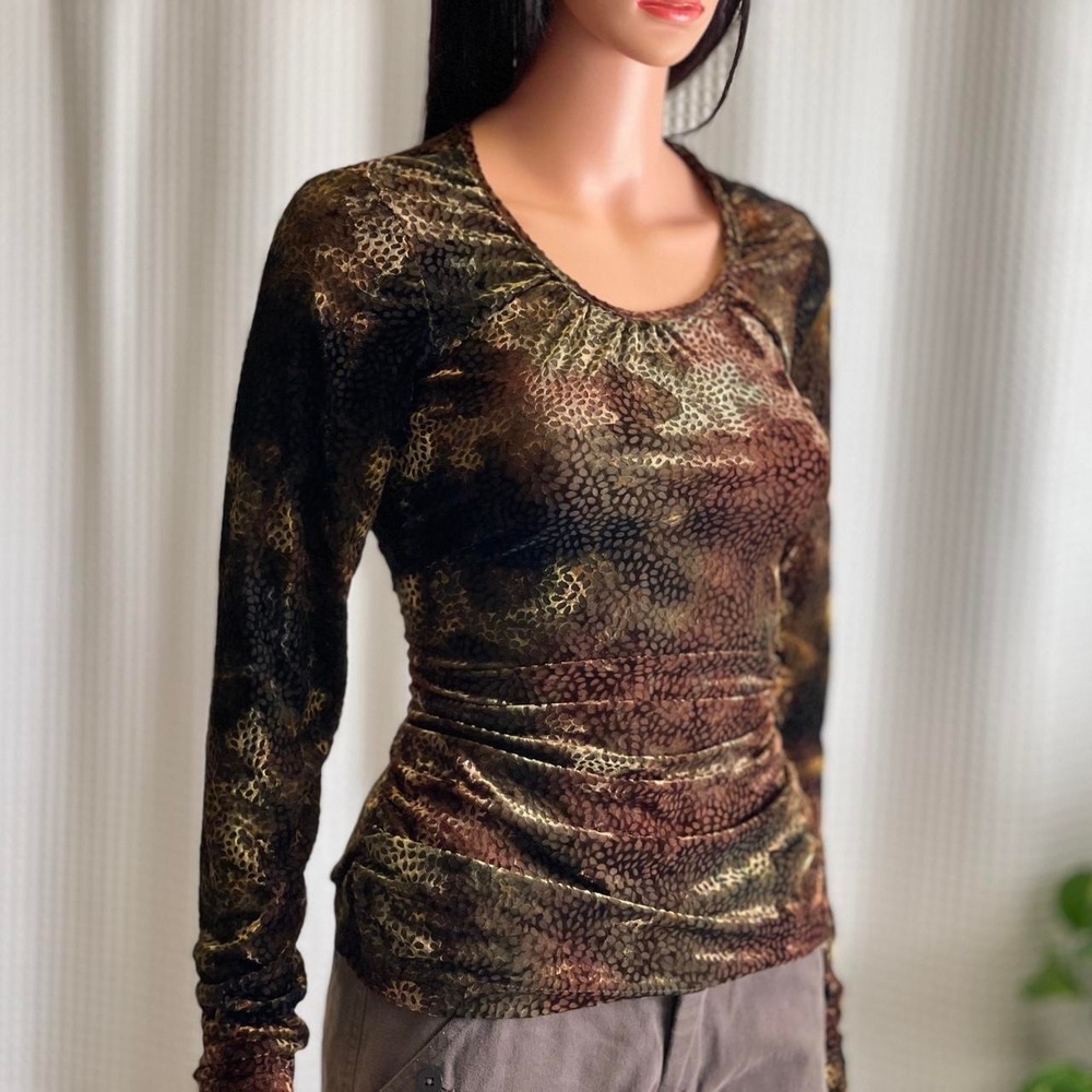 Vintage Y2K Sno Skins Velvet Burnout Animal‎ Print Ruched Long Sleeve Top Size S